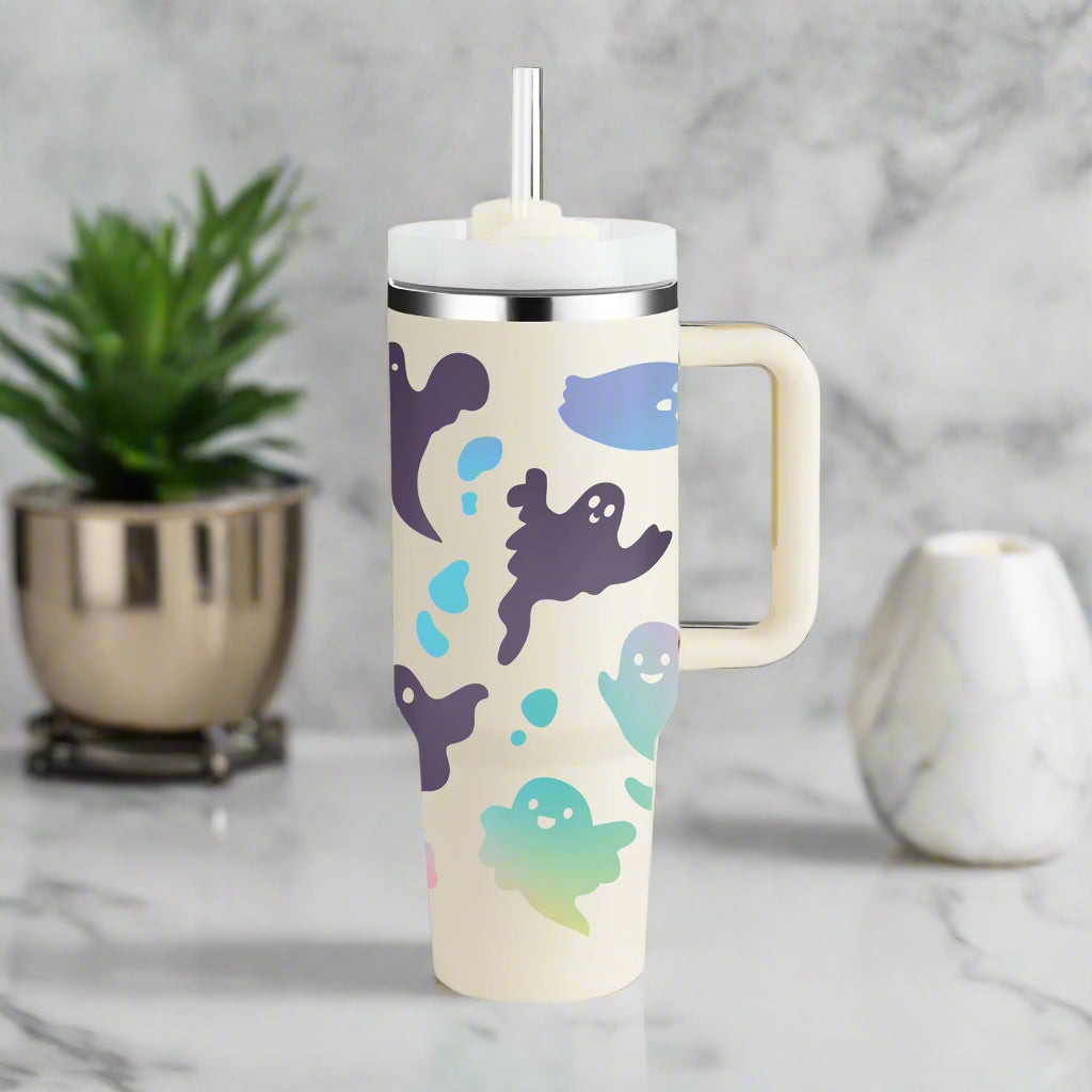 Tumbler with ghost pattern design with handle and straw