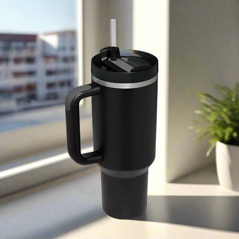 Black insulated tumbler with handle and straw.